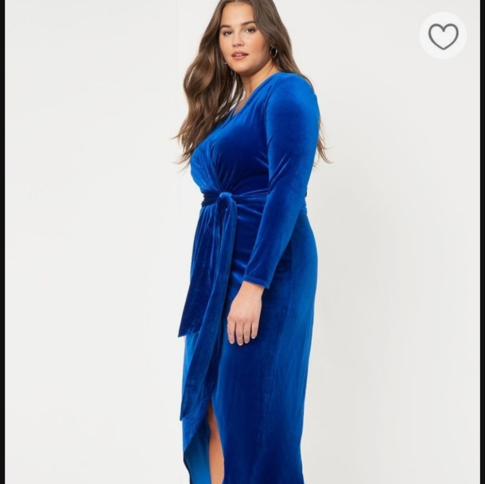 Eloquii Blue Velvet Elegant High Low Dress with V-Neck and Tie Belt